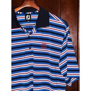 FJ FOOTJOY BLUE MULTI COLOR STRIPE GOLF POLO SHIRT L / LARGE CHIKAMING CC MI